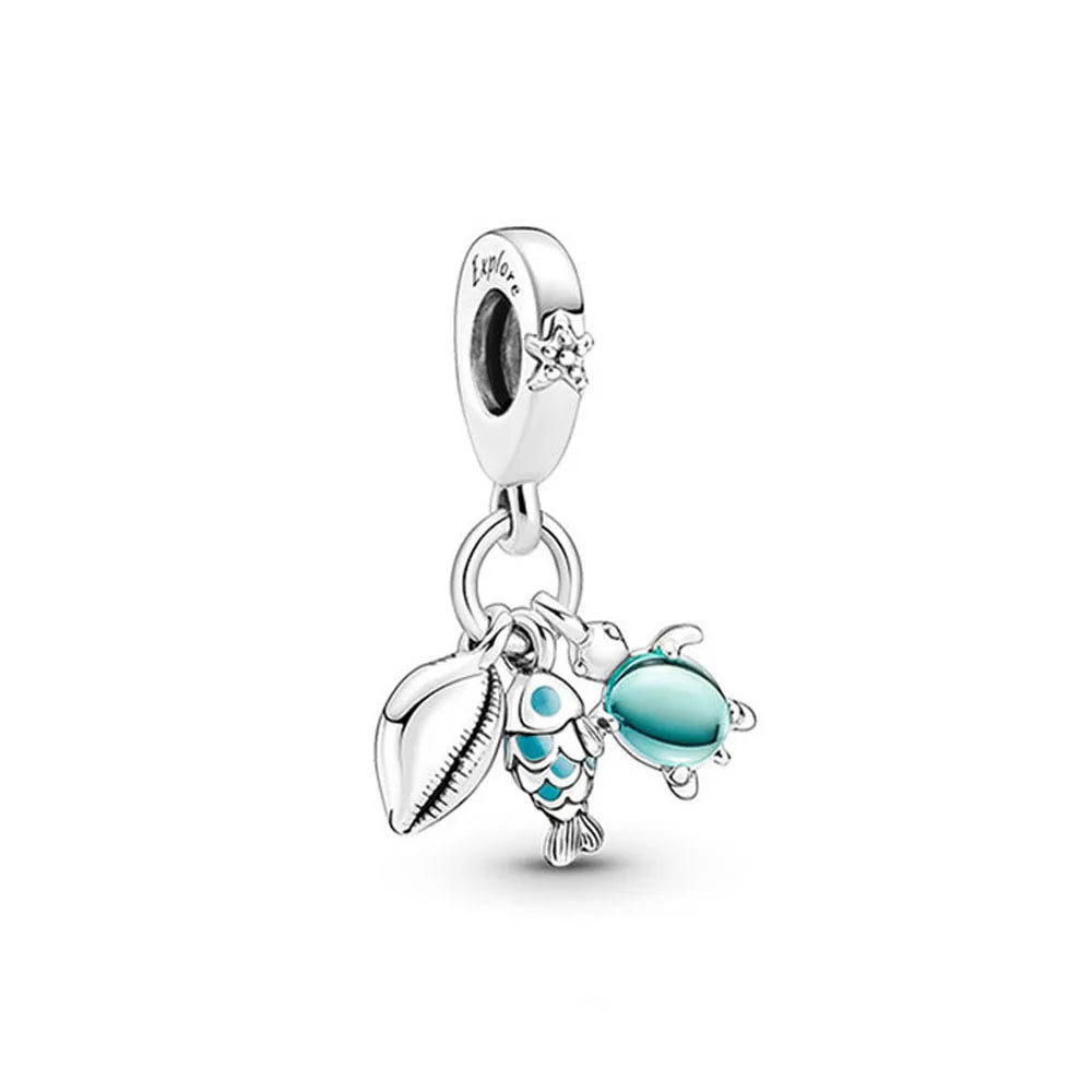 European Summer Blue Series Turtle Flower Pendant Fit S925 European 925 Sterling Silver Bracelet Bangles Necklace