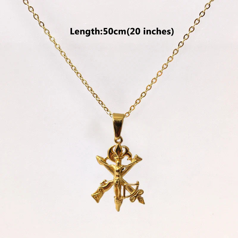 Men's Jesus Cross Necklace 18K Gold Plated Stainless Steel Christian Gun Arrow Pendant Religious Jewelry Gift