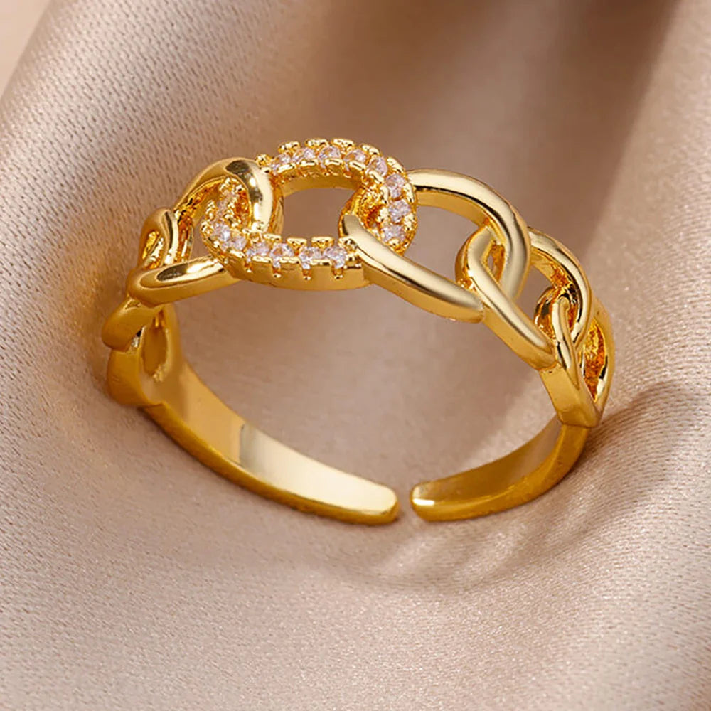Zircon Chain Cross Rings For Women Vintage Gold Color Stainless Steel Geometric Open Ring Fashion Wedding Aesthetic Jewelry Gift