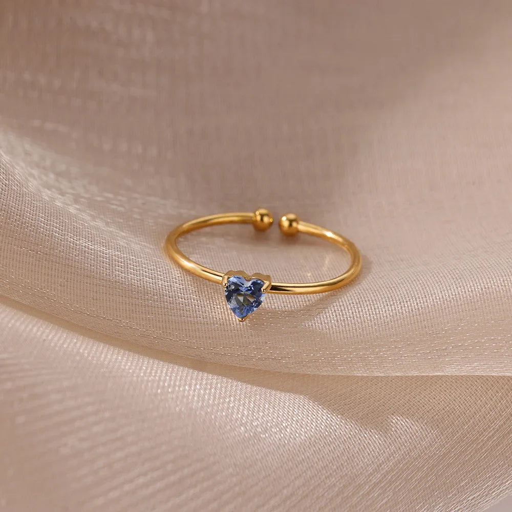 Stainless Steel Birthstone Open Rings for Women Fashion 12-color Crystal Zircon Heart Ring Birthday Aesthetic Jewelry Gift