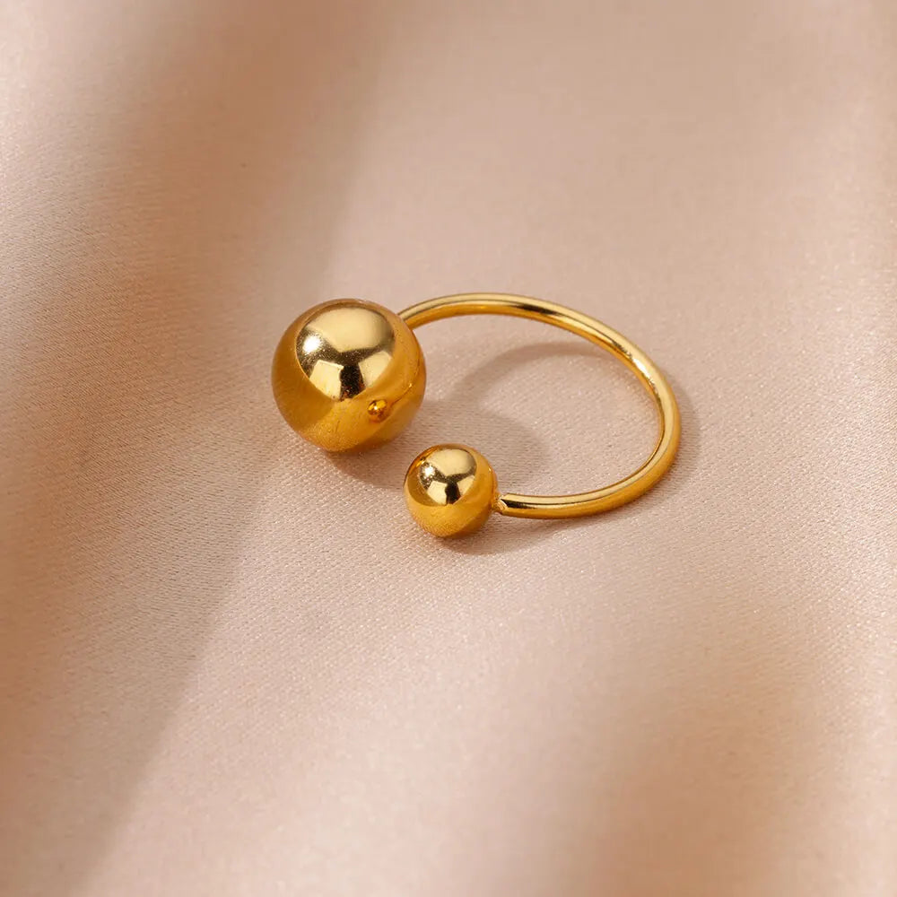 Stainless Steel Smooth Double Ball Beads Rings For Woman Vintage Opal Natural Stone Ring Fashion Gold Color Aesthetic Jewelry