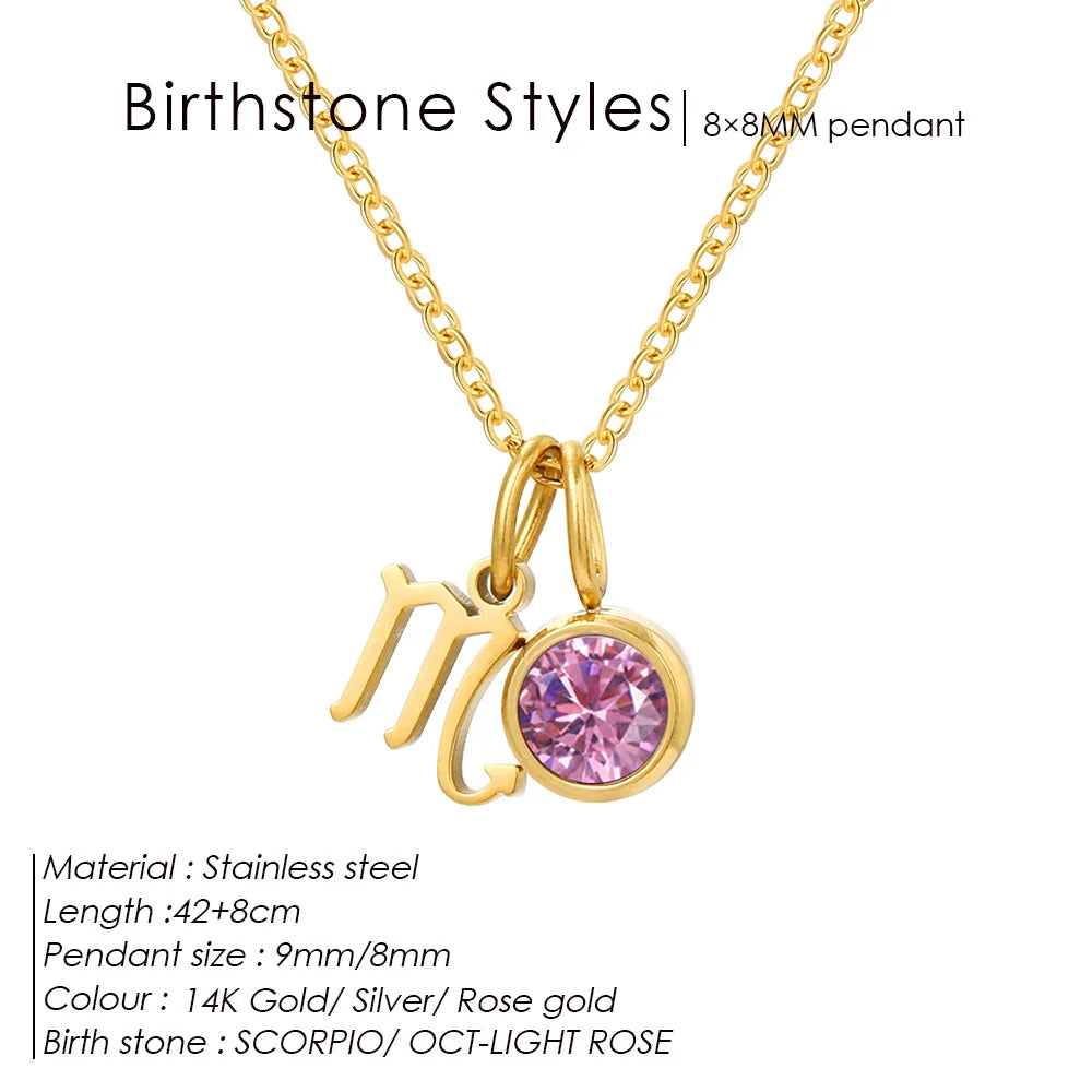 SUNIBI Stainless Steel Birthstone Zodiac Double Pendant Necklace for Woman12 Constellation Birthday Gift DIY Jewelry Wholesale