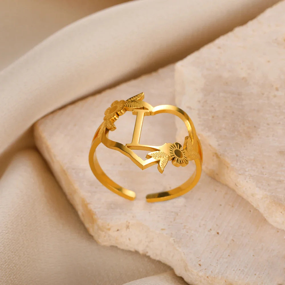 Stainless Steel Initials Letter Heart Rings for Women Girls Gold Color Flower Alphabet Ring Fashion Valentine's Day Jewelry Gift