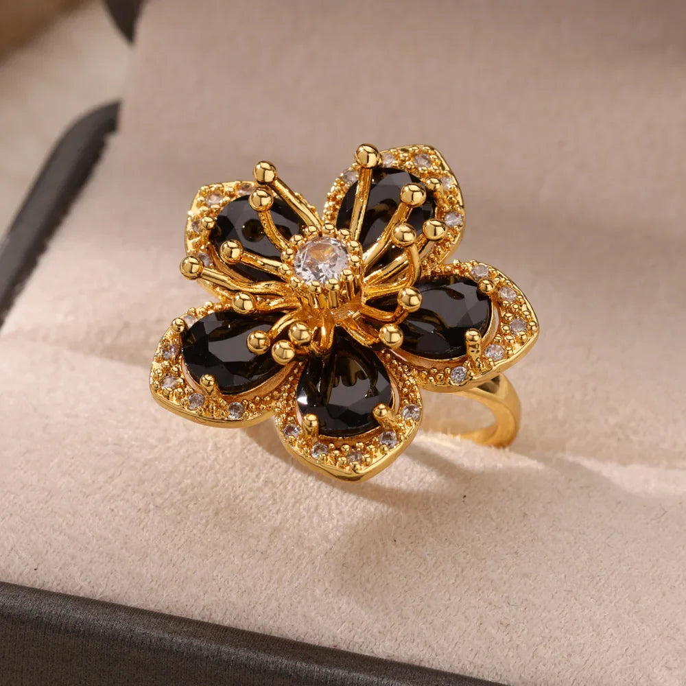 Stainless Steel Flower Big Open Rings For Women Gold Color Imitation Pearl Hollow Out Ring Trendy Aesthetic Jewerly Gifts