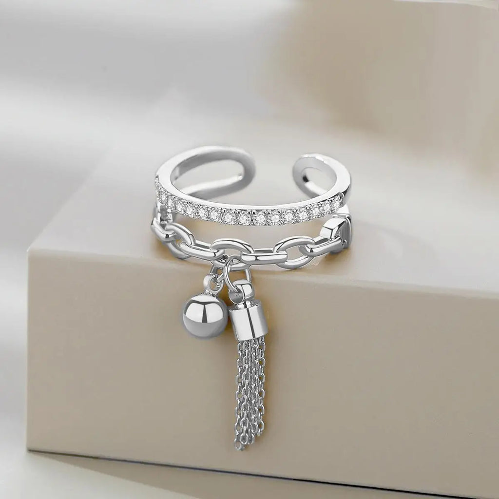 Luxury Double Layer Zircon Rings for Women Punk Metal Ball Tassel Link Chain Opening Ring 2023 New Trend Couple Wedding Jewelry