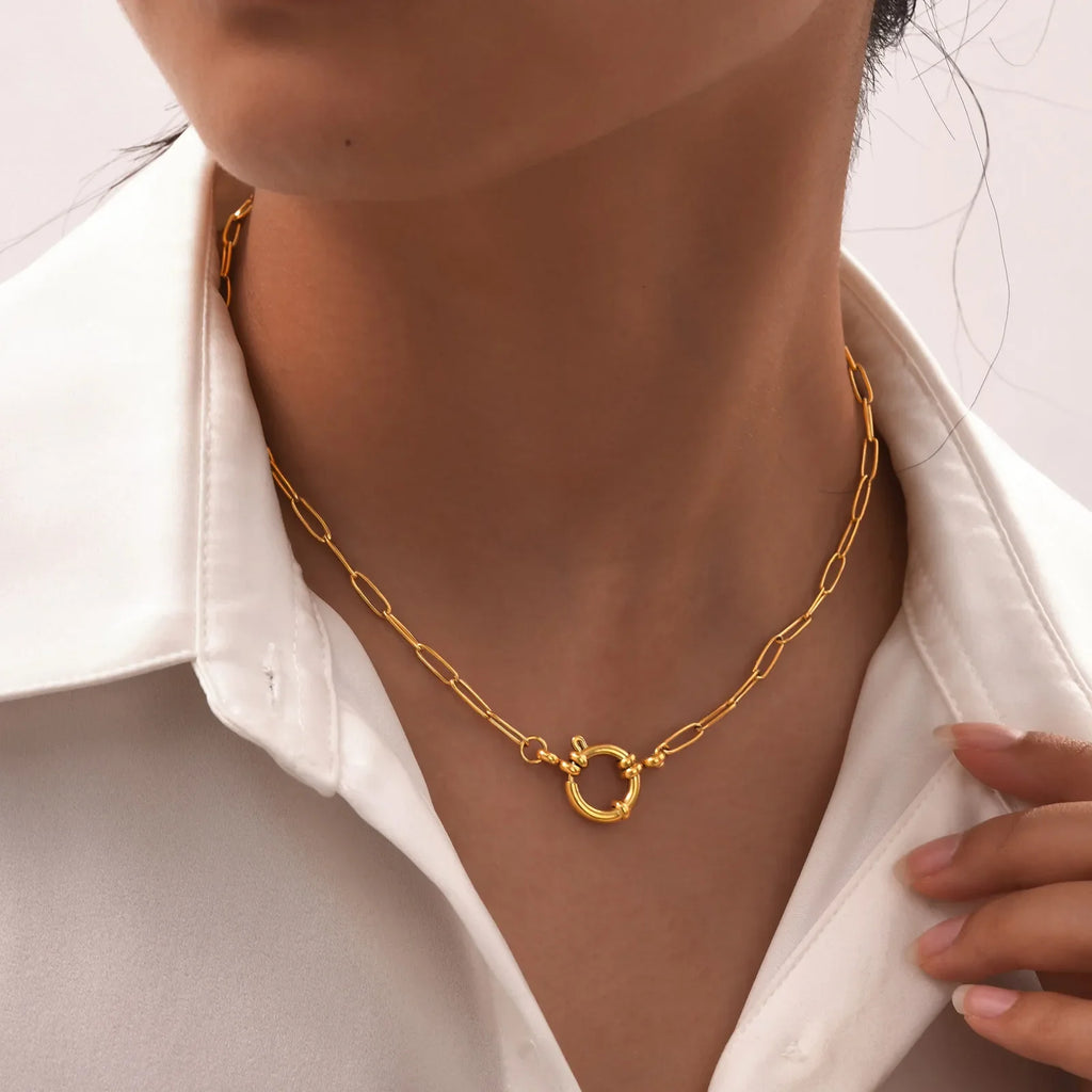 Paperclip Chain Choker Necklace, Women's Stainless Steel Spring Buckle Penddant Necklace, Waterproof 18k Gold Plated Jewelry