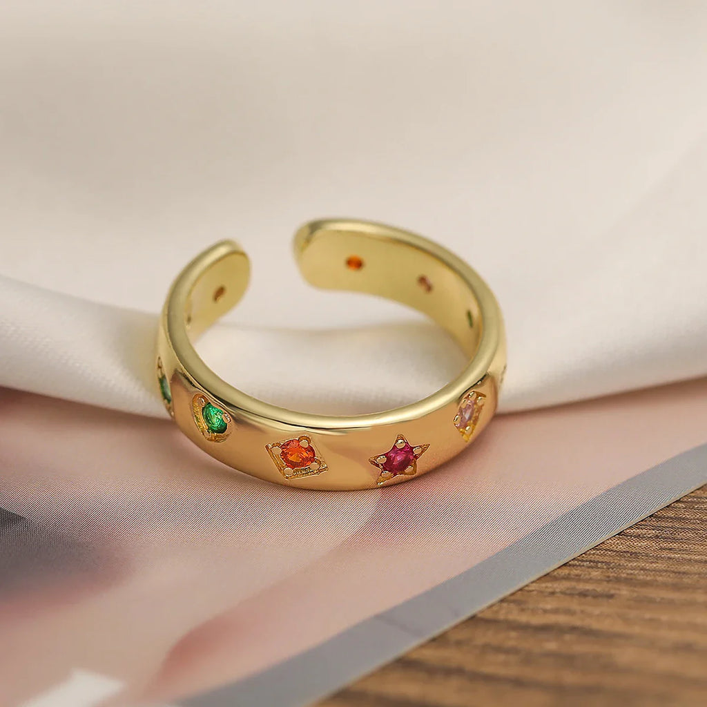 NEWBUY 2024 New Fashion Gold Color Colourful AAA CZ Zircon Inlay Jewelry Open Design Wedding Bands Rings For Women Girl