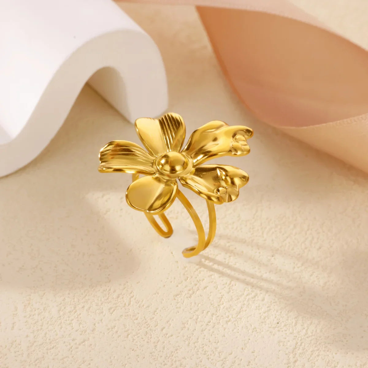 Stainless Steel Gold Color Flower Rings for Women Fashion Geometric Opening Adjustable Finger Ring Vintage Jewelry Gifts