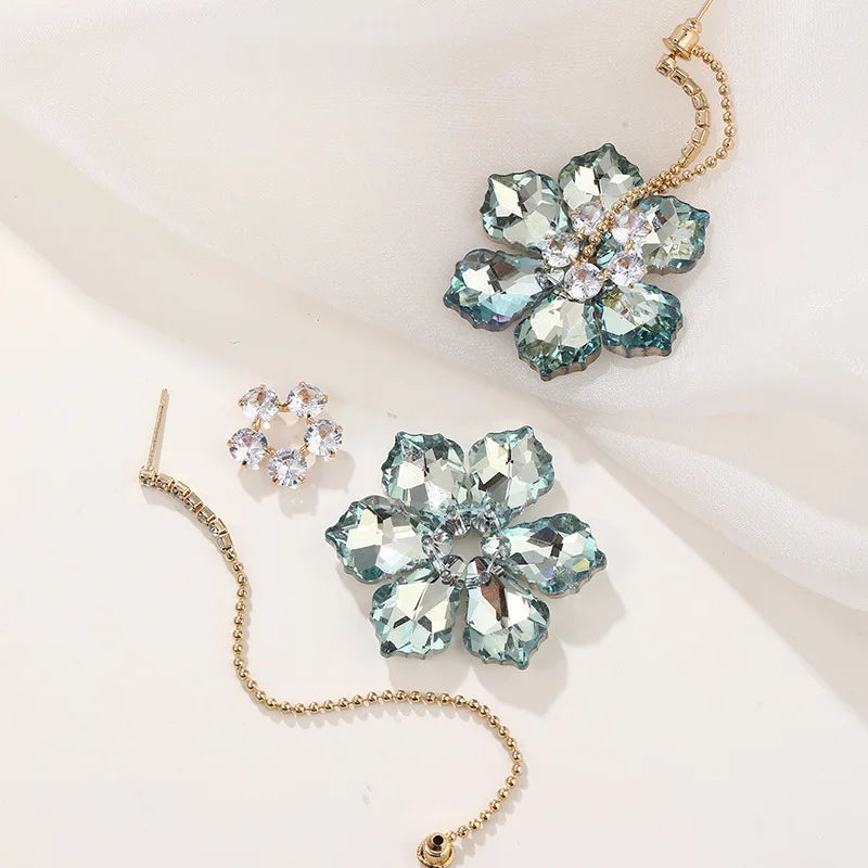 2025 New Colorful Purple Crystal Flower Dangle Drop Earrings for Women Trend Korea Fashion Luxury Wedding Party Banquet Jewelry