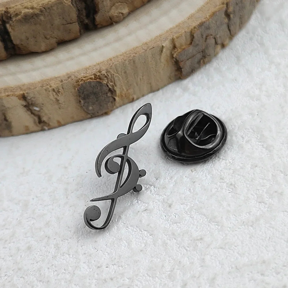 New music symbol men's lapel pin, 316L stainless steel gold-plated badge, black brooch for suit accessories, gift for father