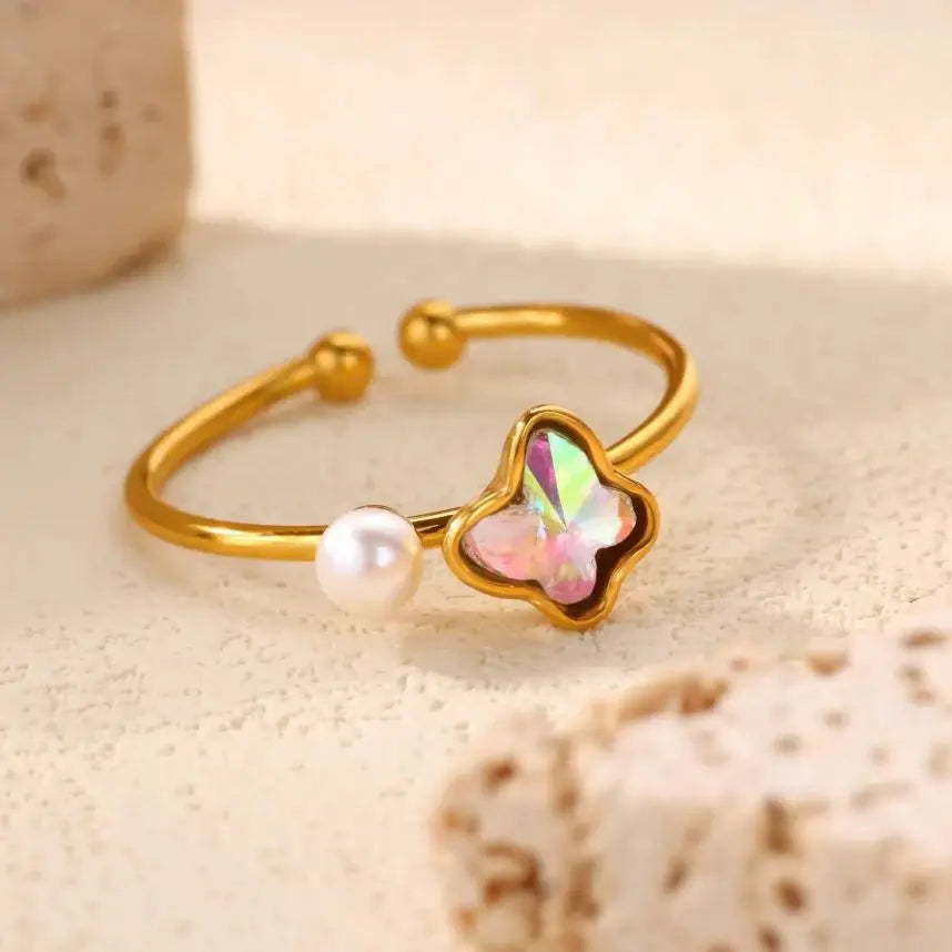Stainless Steel Four Leaf Clover Rings For Women Gold Color Zircon Opening Couple Ring Aesthetic Wedding Bohemian Jewelry Gift