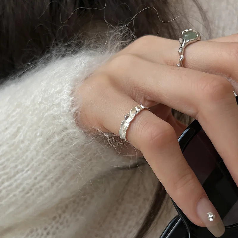 925 Sterling Silver plated Liquid Lava Hetian Jade Bamboo Ring for Women Girl Gift Irregular Vintage Jewelry Dropshipping