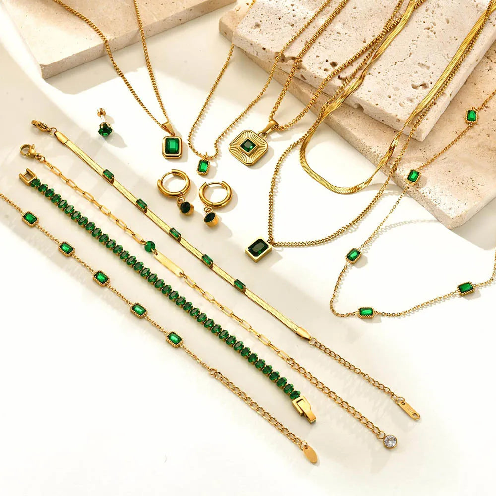 Retro Green Zircon Pendant Necklace For Women, Crystal Stone Chain Stainless Steel Gold Plated Luxury Birthday Gifts