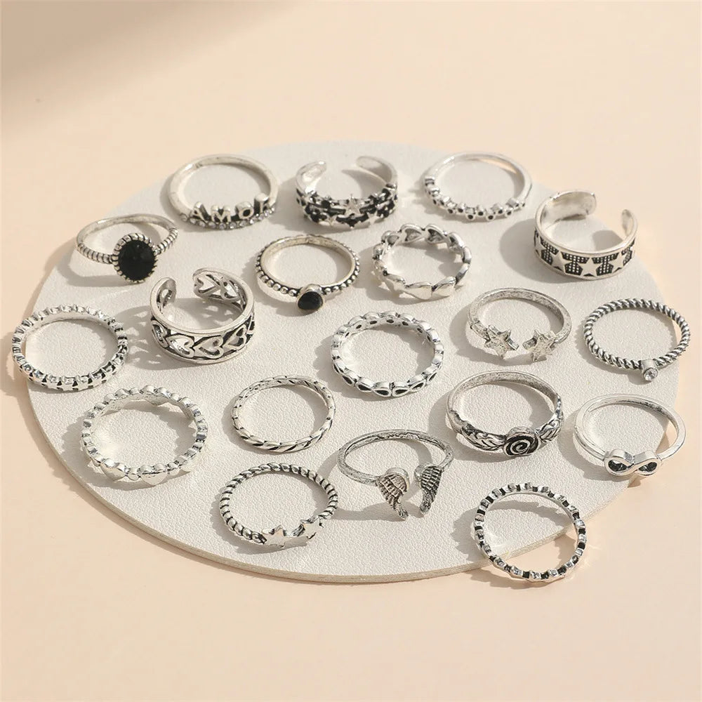 19 PCS Retro Punk Finger Ring Set For Women Vintage Heart Wing Star Gothic Ring Female Fashion Jewelry Accessories