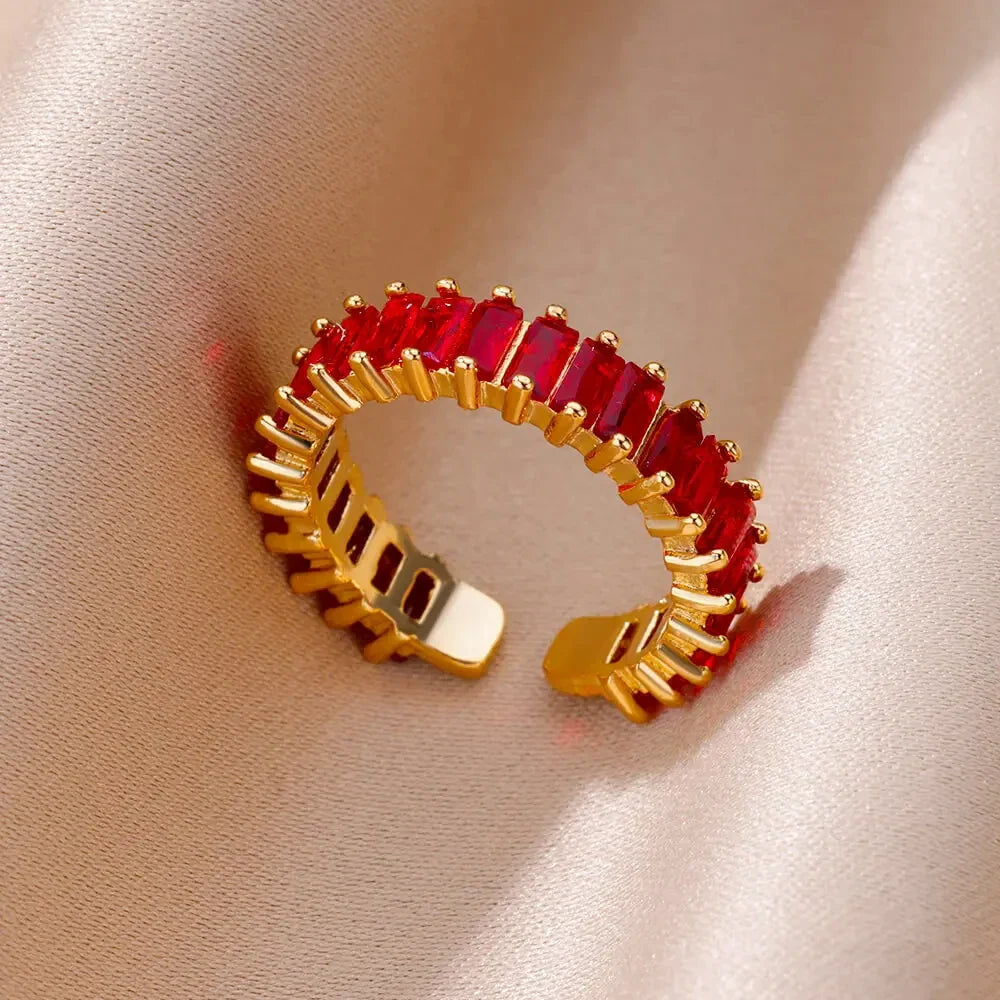 Colorful Cubic Zircon Ring for Women Stainless Steel Gold Color Open Ring Vintage Boho Wedding Party Jewelry Gift Accessories