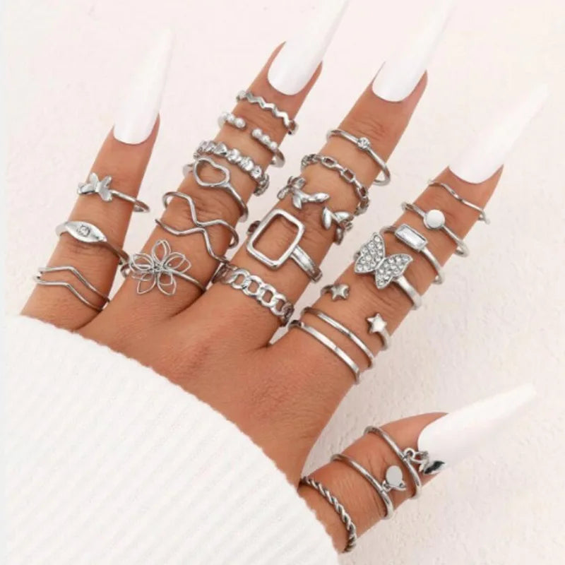 Vintage Irregularly Ring Set for Women Bohemian Gold Color Butterfly Snake Heart Geometric Rings Retro Boho Fashion Jewelry Gift