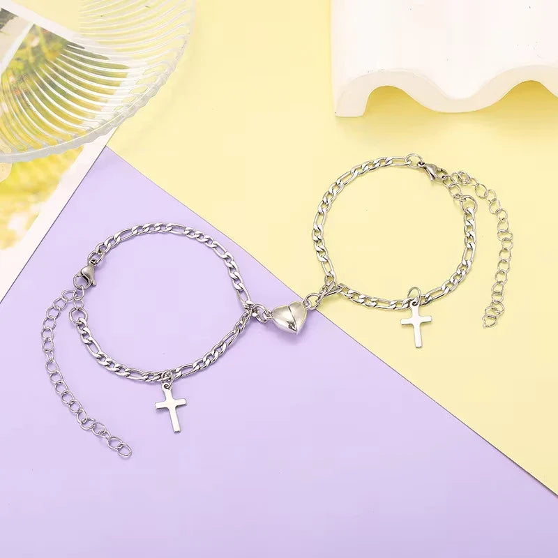 2Pcs/set Magnet Couple Bracelets Heart Attraction Bracelet Stainless Steel Charm Simple Cuban Chains Key Lock Jewelry Gifts