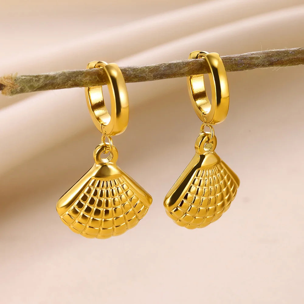Vintage Starfish Shell Hoop Earrings For Women Gold Color Stainless Steel Ocean Shell Earring Waterproof Wedding Jewelry Gift