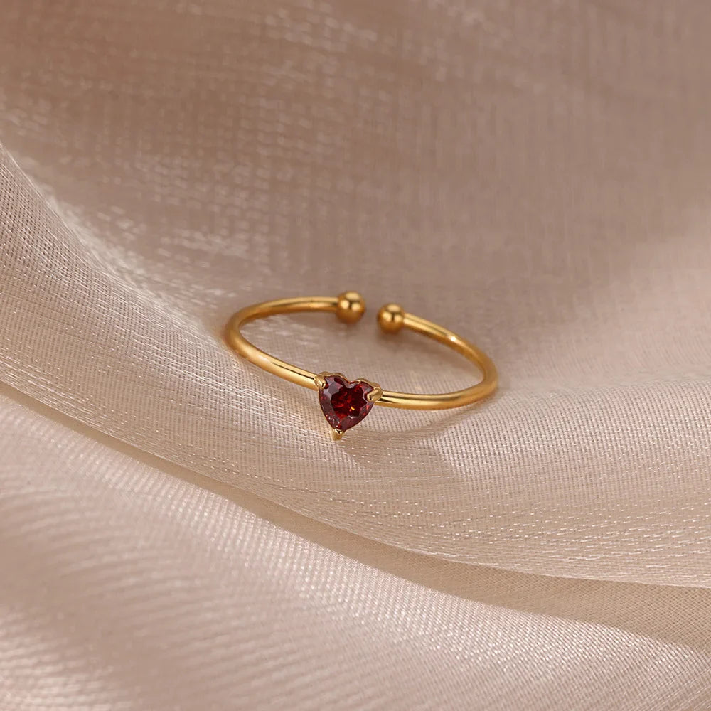 Stainless Steel Birthstone Open Rings for Women Fashion 12-color Crystal Zircon Heart Ring Birthday Aesthetic Jewelry Gift