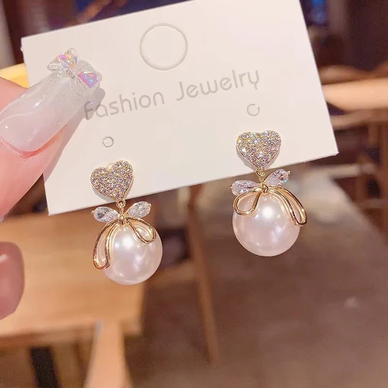 Korean Heart Drop Earrings For Women Girl Romantic Valentine's Day Gift Fashion Jewelry Trend Hanging Pearl Cute Bowknot Earring