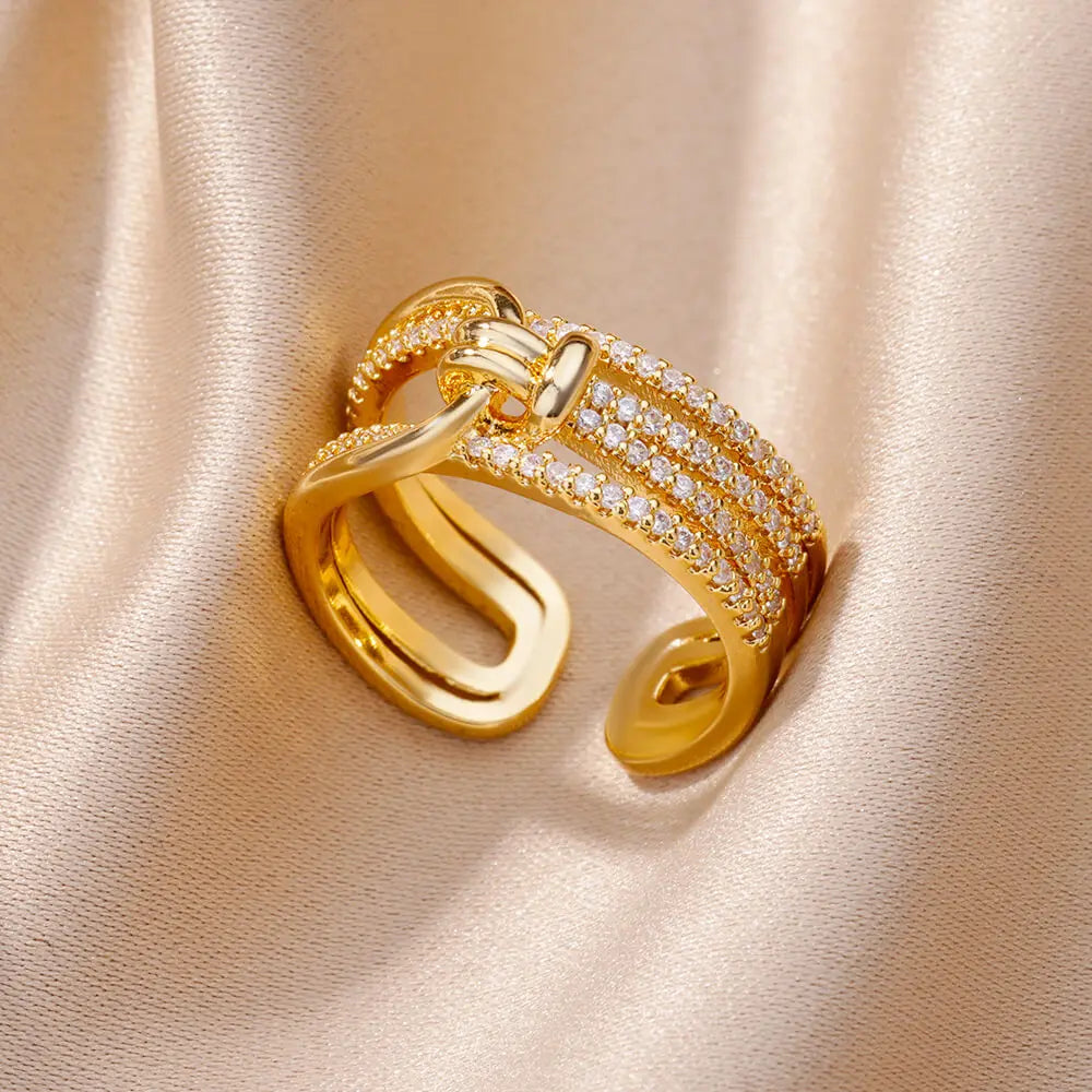 Zircon Chain Cross Rings For Women Vintage Gold Color Stainless Steel Geometric Open Ring Fashion Wedding Aesthetic Jewelry Gift