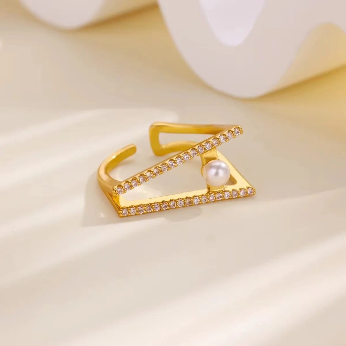Zircon Chain Cross Rings For Women Vintage Gold Color Stainless Steel Geometric Open Ring Fashion Wedding Aesthetic Jewelry Gift
