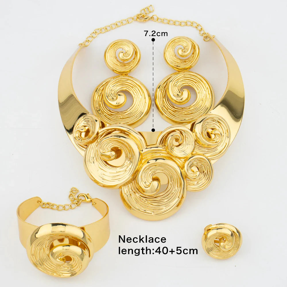 Dubai Big Jewelry Set Design for Women Wedding Bride Necklace Brazili Gold Plated Collor Earrings Bracelet Ring for Party Gift