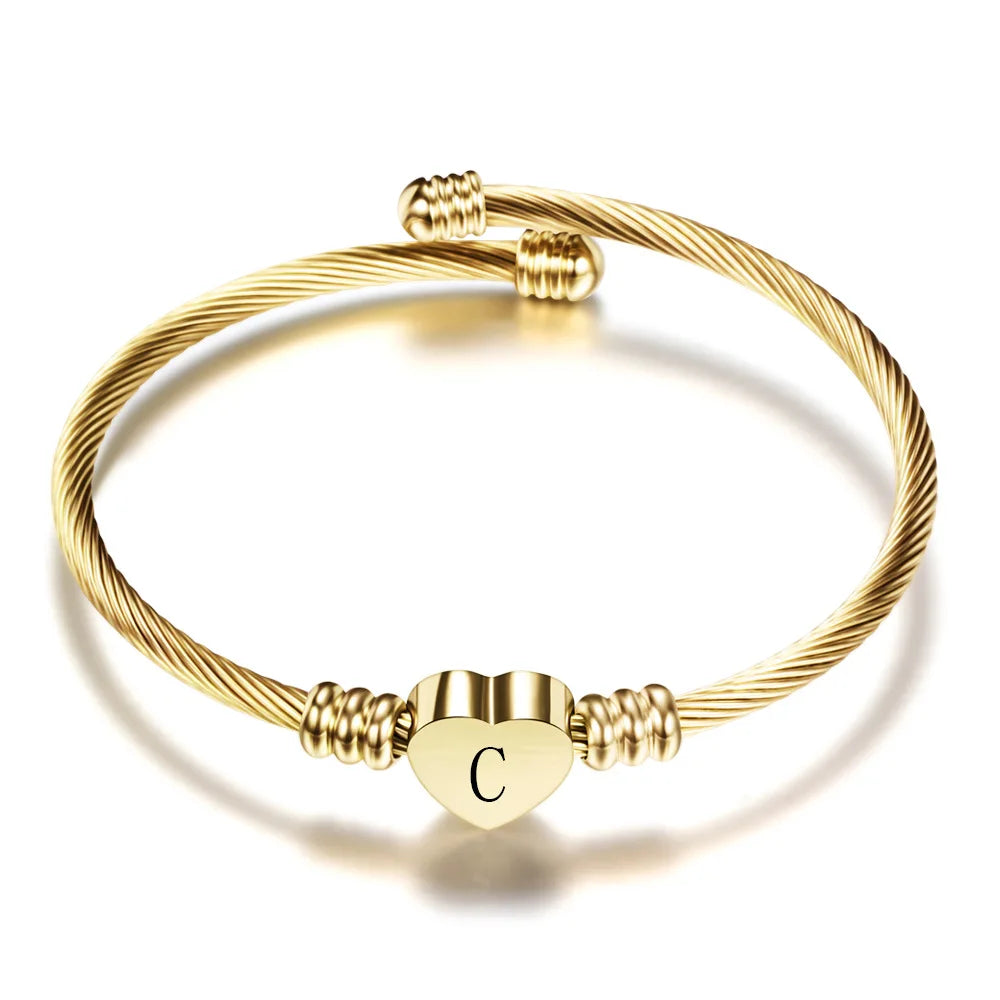 Initial Letter Stainless Steel Cuff Bracelet For Women 26 Alphabet Heart Charm Bangle Female Fashion Birthday Party Jewelry