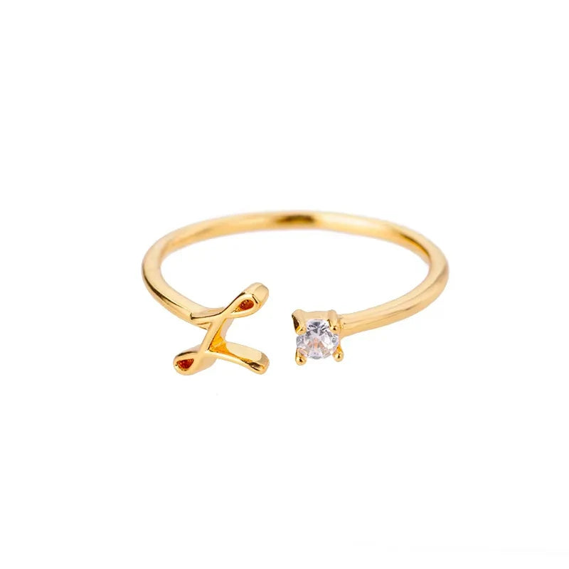 Zircon Initial Letter Ring for Women Stainless Steel Gold Color Alphabet Open Ring Trendy Wedding Birthday Aesthetic Jewelry