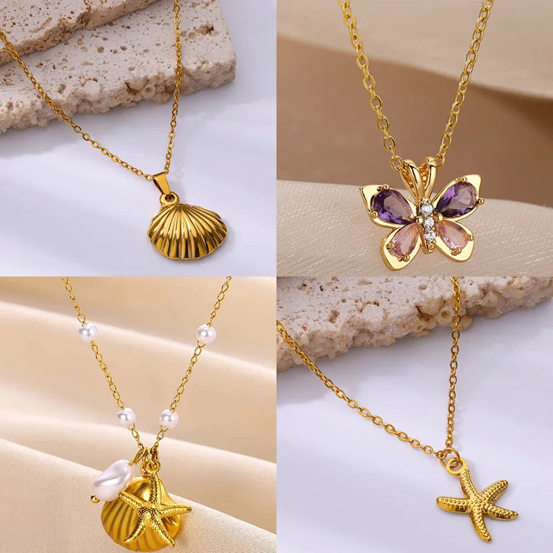 Vintage Starfish Shell Pearl Necklace For Women Gold Color Stainless Steel Pendant Shell Necklace Aesthetic  Summer Jewelry Gift