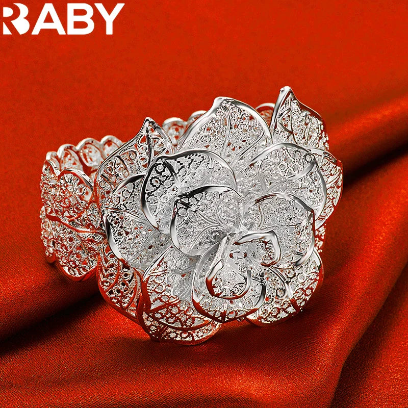 925 Sterling Silver Exquisite Pretty Camellia Flower Bracelet Bangles For Woman Charm Jewelry Wedding Engagement Fashion Party