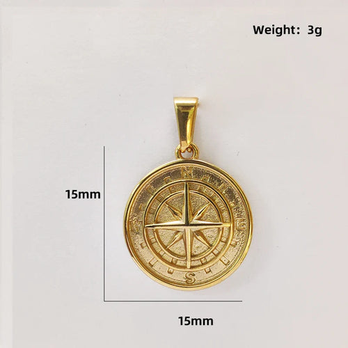 18K Gold Plated Stainless Steel Compass Pendant Necklace - Round Coin Design for Men & Women, Waterproof Unisex Jewelry Gift