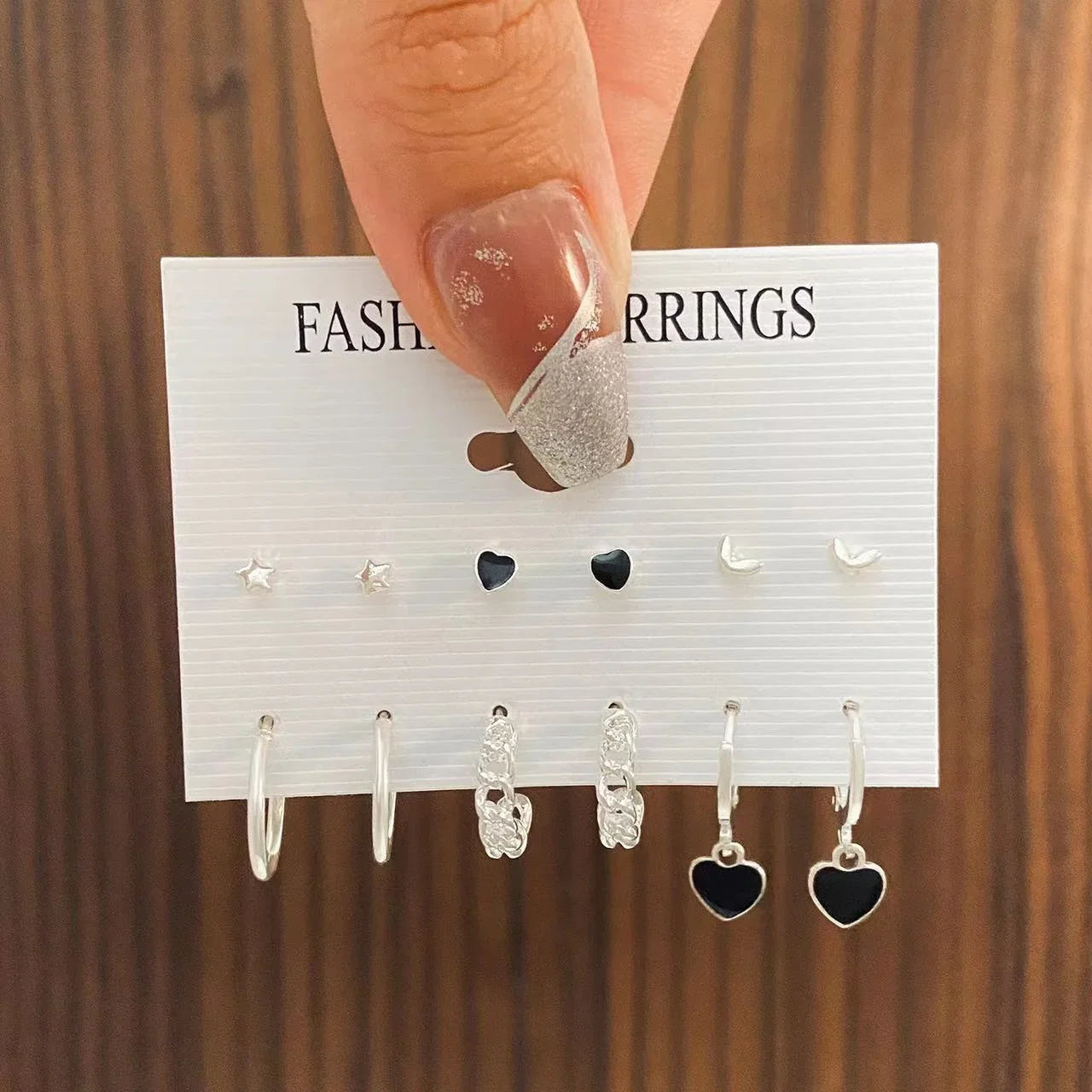 6 Pairs Korean Fashion Metal Start Heart Circle Small Earrings For Women Trend Black Heart Enamel Earrings Sweet Jewelry