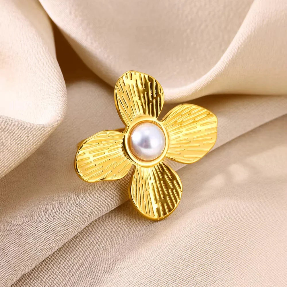 Stainless Steel Flower Big Open Rings For Women Gold Color Imitation Pearl Hollow Out Ring Trendy Aesthetic Jewerly Gifts