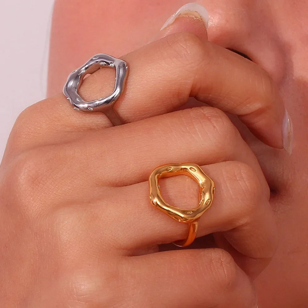 Vintage Circle Motif Stainless Steel Ring for Women Melted Texture Detail Texture Temperament Jewelry Wholesale Dropshipping