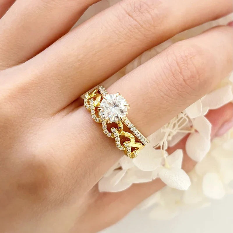 MINTYBOX 18K Yellow Gold D Moissanite Rings for Women Handmade 6.5mm S925 Silver Round Shape Engagement Ring Gift Fine Jewelry