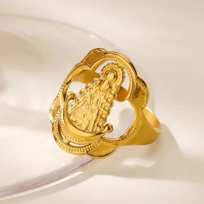 Vintage Virgin Mary Open Ring For Women Stainless Steel Gold Color Religious Ring Jesus Christian Jewelry Party Gift ﻿