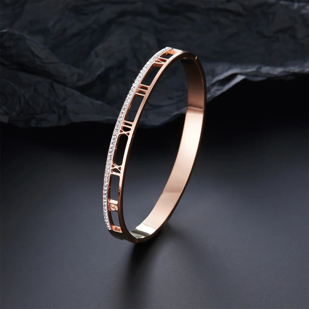 Luxury Crystal Hollow Roman Numeral Bracelets For Women Men Stainless Steel Unisex Bangle Fashion Classic Jewelry Accessories