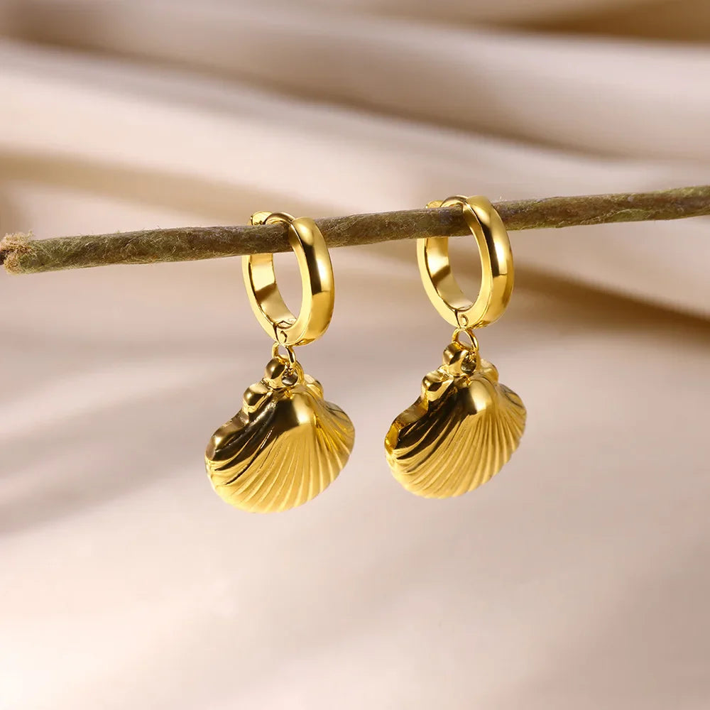 Vintage Starfish Shell Hoop Earrings For Women Gold Color Stainless Steel Ocean Shell Earring Waterproof Wedding Jewelry Gift