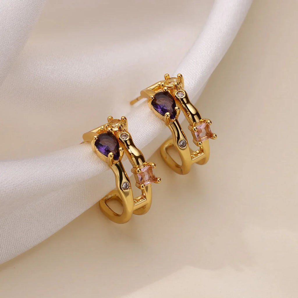 Zircon Geometric Hoop Earrings for Women Stainless Steel Gold Color Piercing Earring 2025 New Fashion Wedding Couple Jewelry