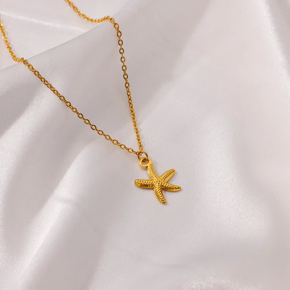 Vintage Starfish Shell Necklaces For Women Gold Color Stainless Steel Pendant Shell Necklace Aesthetic  Summer Jewelry Gift bff