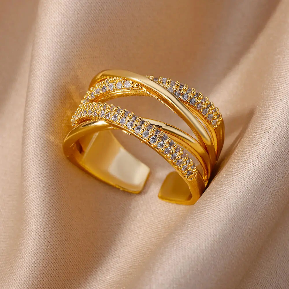 Zircon Chain Cross Rings For Women Vintage Gold Color Stainless Steel Geometric Open Ring Fashion Wedding Aesthetic Jewelry Gift