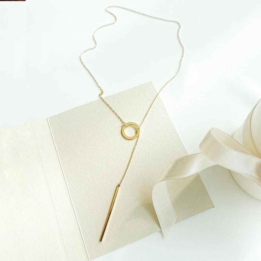Minimalist Round Stick Pendant Necklace for Women Pearl Clavicle Necklace Leaves Long Chain Fashion Jewelry Statement Girl Gift