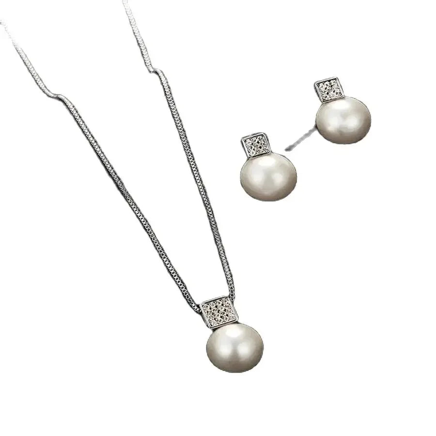 2 PCS Imitation Pearl Pendant Women Necklace Earring Stud Set Silver Color Snake Chain Square Metal Full Crystal Jewelry Set