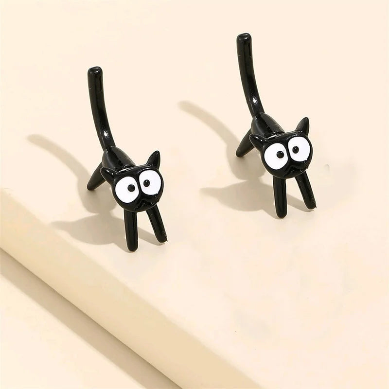 Black Color Cat Design Earrings Stud Trendy Ins Girls Cute Women Earring Animal Design Black Painting