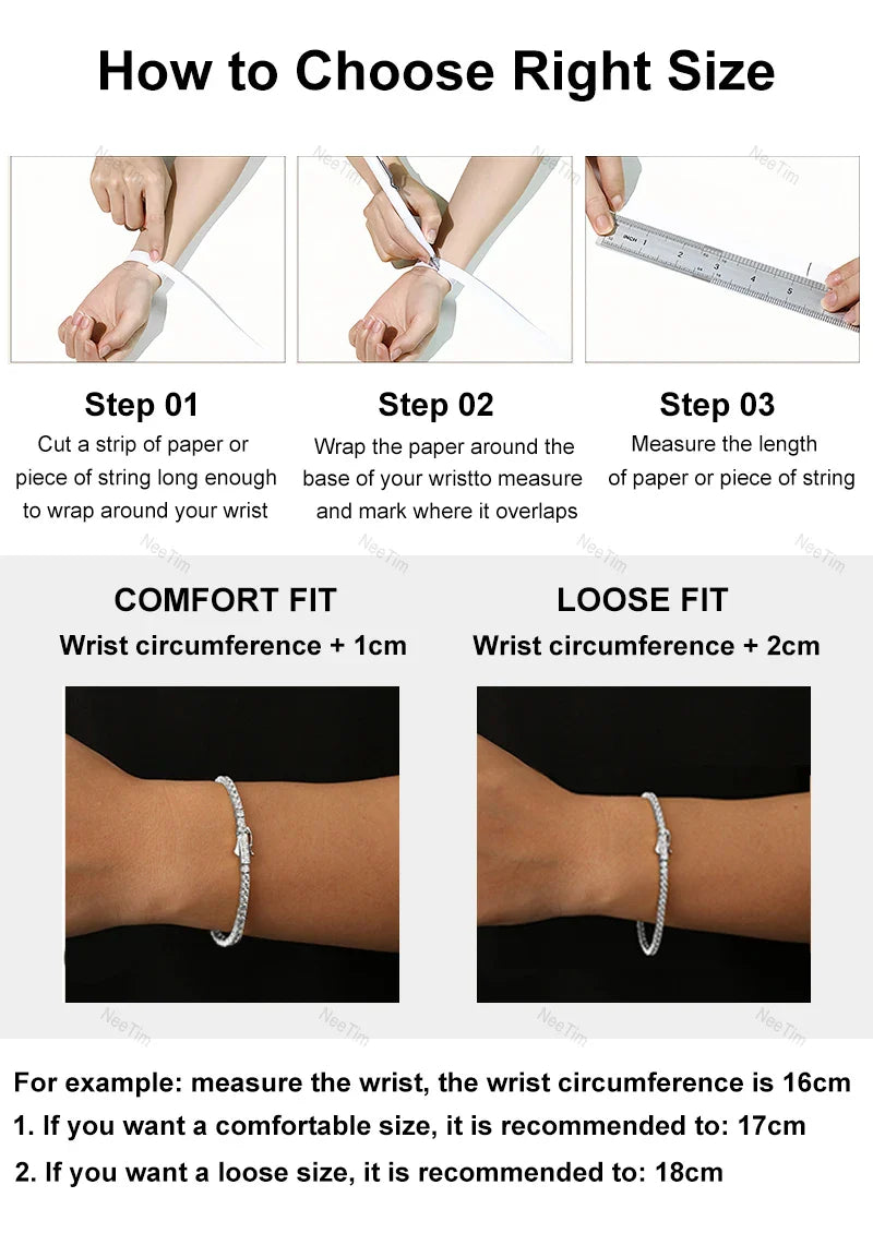 NeeTim 2mm D Color Moissanite Tennis Bracelet 925 Sterling Silver with White Gold Plated Bracelets for Women Pass Diamond Tester