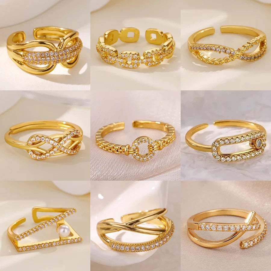 Zircon Chain Cross Rings For Women Vintage Gold Color Stainless Steel Geometric Open Ring Fashion Wedding Aesthetic Jewelry Gift