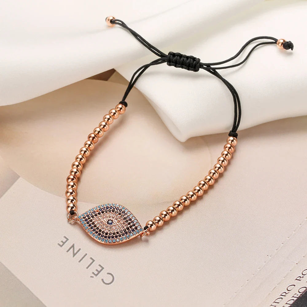NEWBUY 2023 Fashion Hand Made Black Rope Beads Chain Bracelet Adjustable AAA CZ Zircon Evil Eye Charm Bracelets For Women Girl