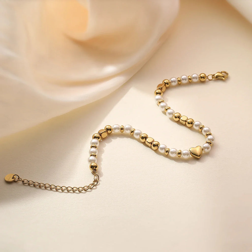 NEWBUY 2025 Trendy Gold Color Non-Fading Stainless Steel Beads Pearl Heart Bracelet For Women Daily Jewelry Accessories