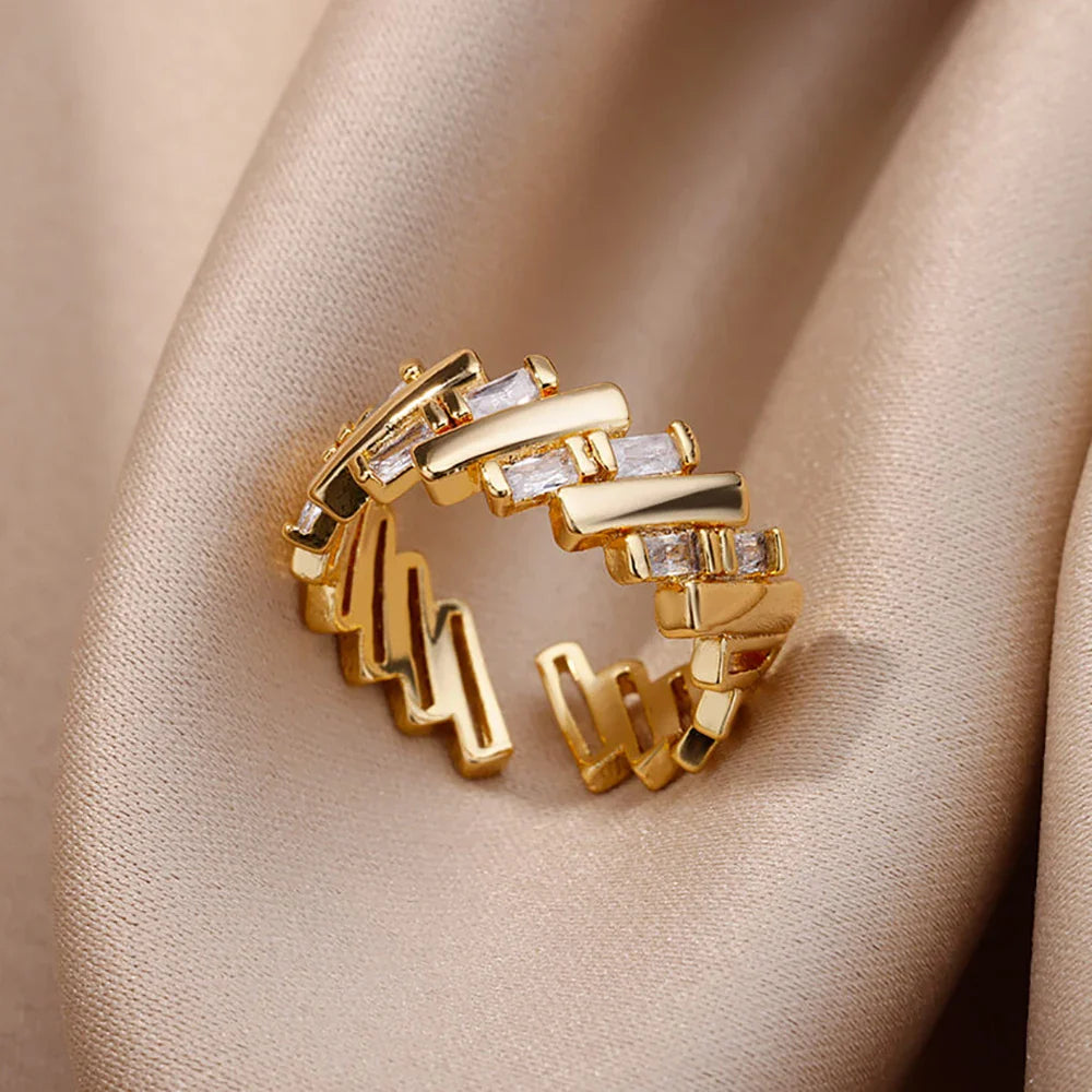 Gold Color Cubic Zircon Rings For Women Open Stainless Steel Green Luxury Crystal Finger Ring Boho Jewelry Wedding Party Gift